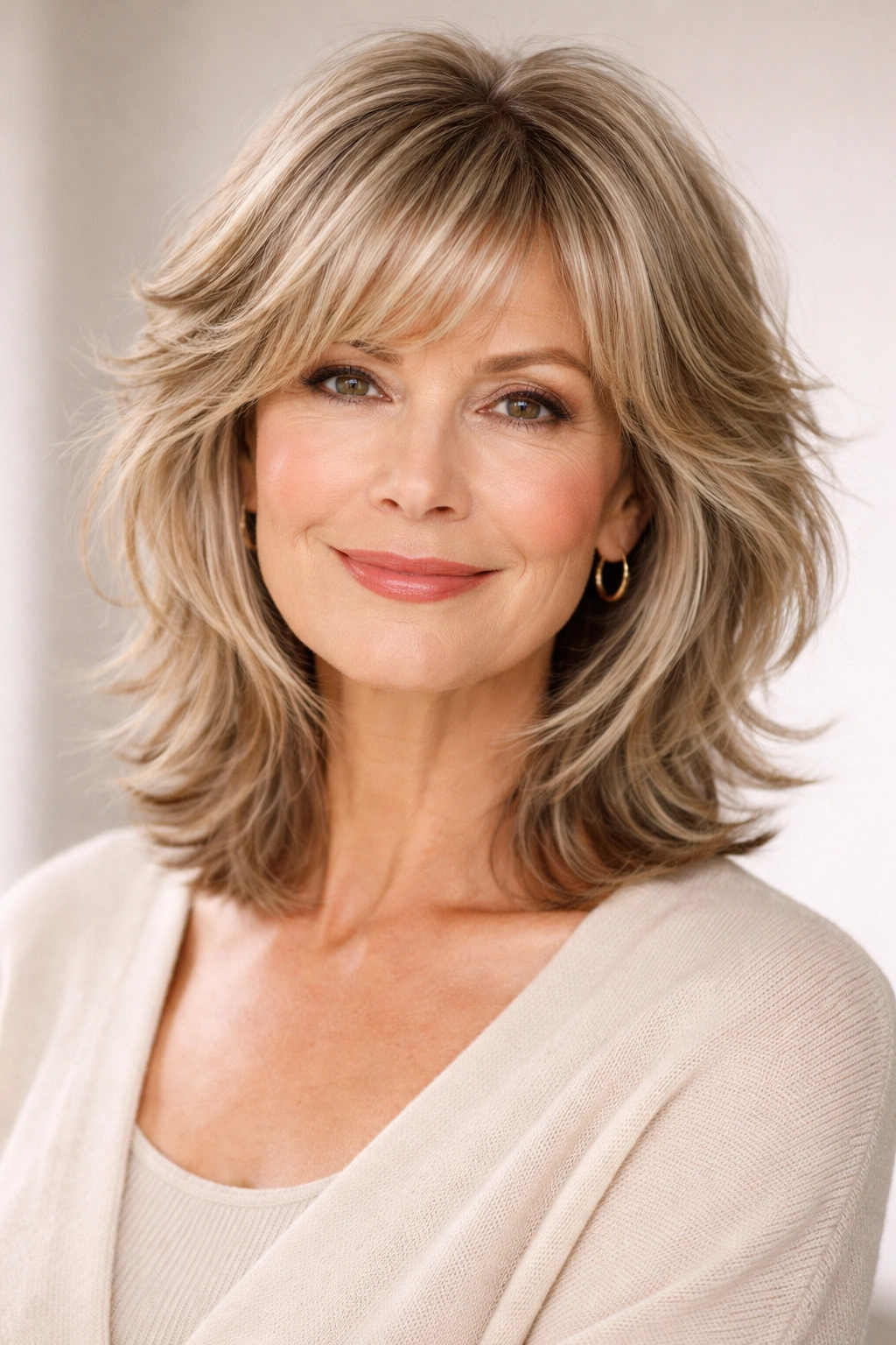 Close-up of mature woman with tailored shag silhouette designed to flatter her features