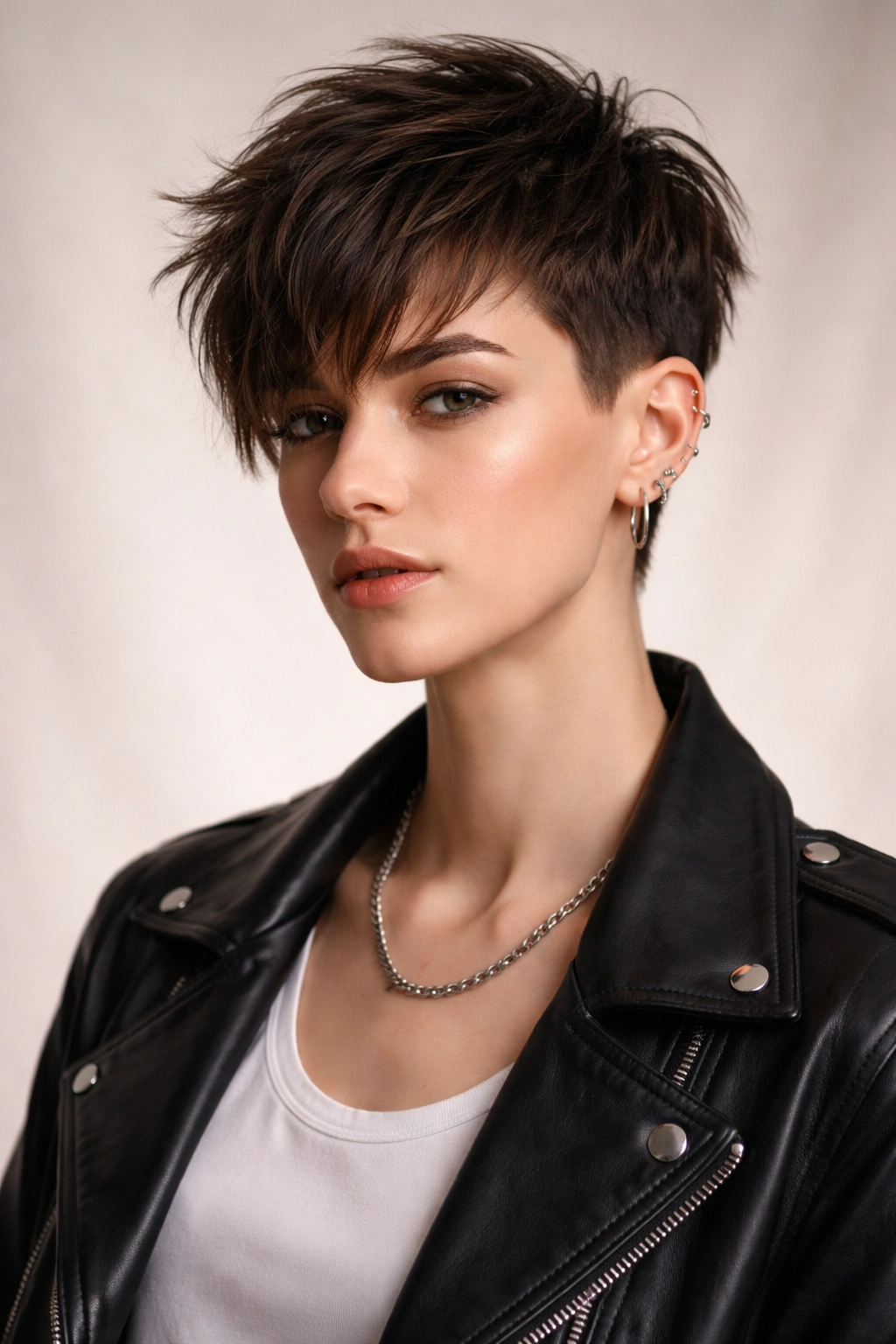 Confident person with androgynous haircut against plain backdrop