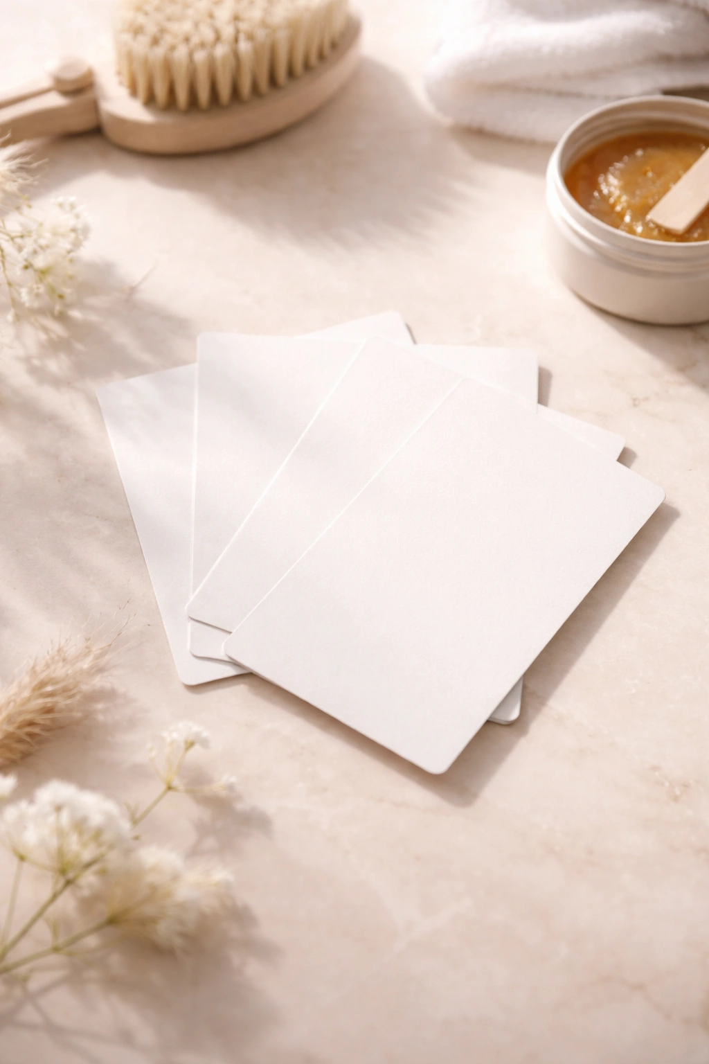 Minimalist arrangement of blank cards on a clean surface, representing takeaways, with soft lighting