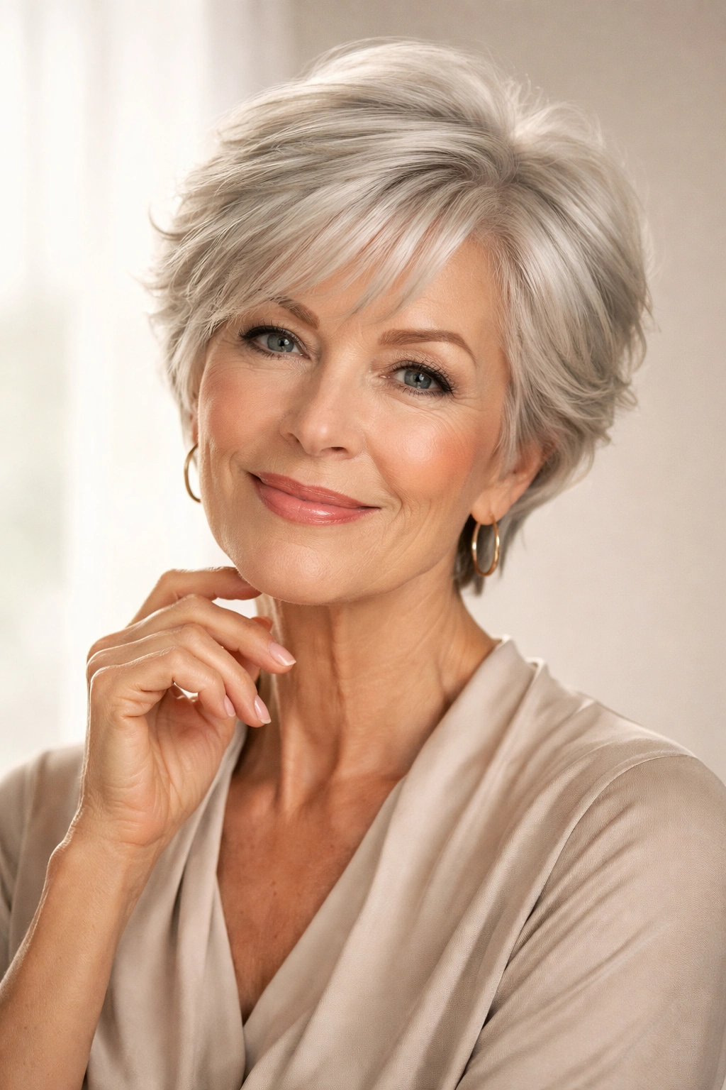 Mature woman with a chic short haircut in a neutral studio setting.