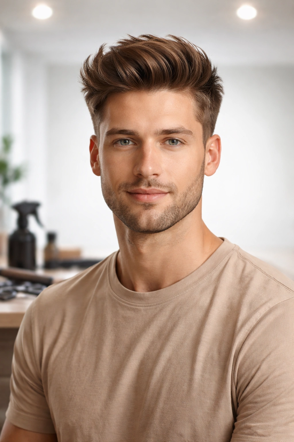Head-and-shoulders portrait with balanced hairstyle in studio lighting