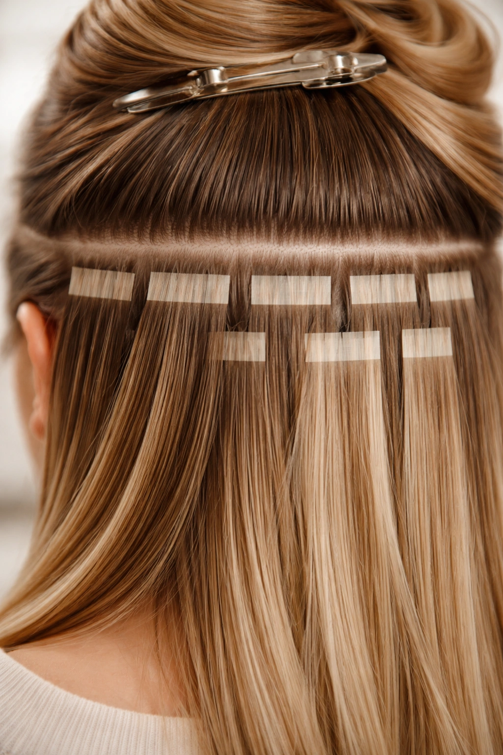 Close-up of neatly sectioned hair showing spacing for tape-in placement