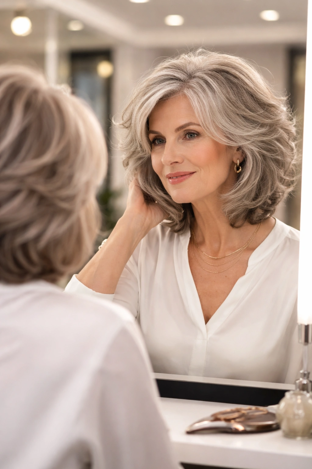 Mature woman with thick hair admiring her reflection in a salon mirror