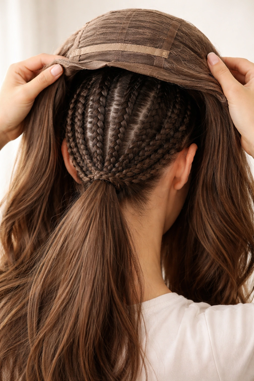 Head with flat base and neat braids under wig