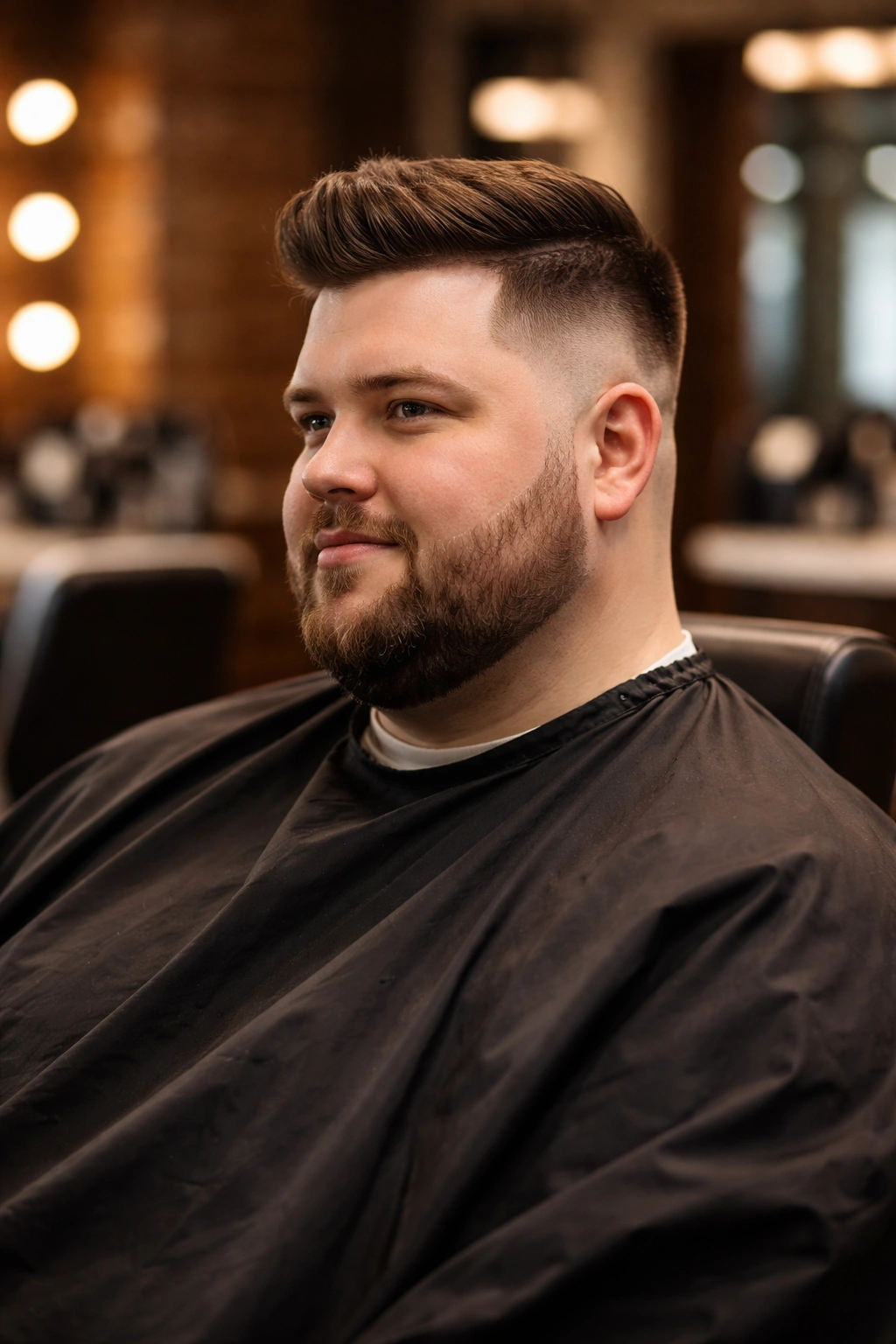 Confident man in a barber chair with a balanced haircut after styling