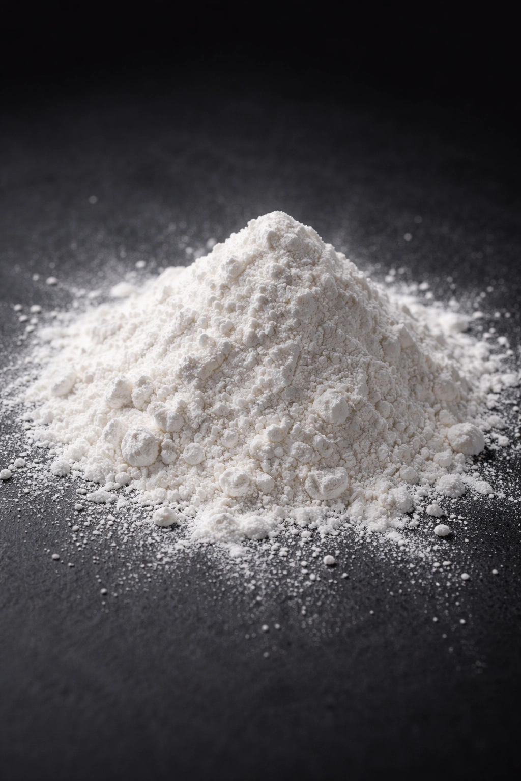 Talc powder mound close-up on dark surface