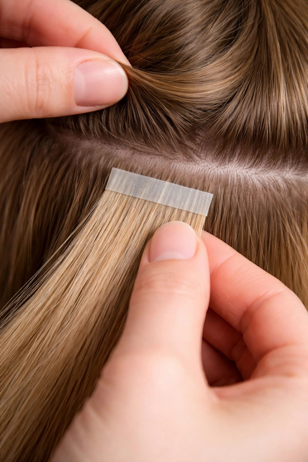 Hands placing a tape-in weft under a hair section