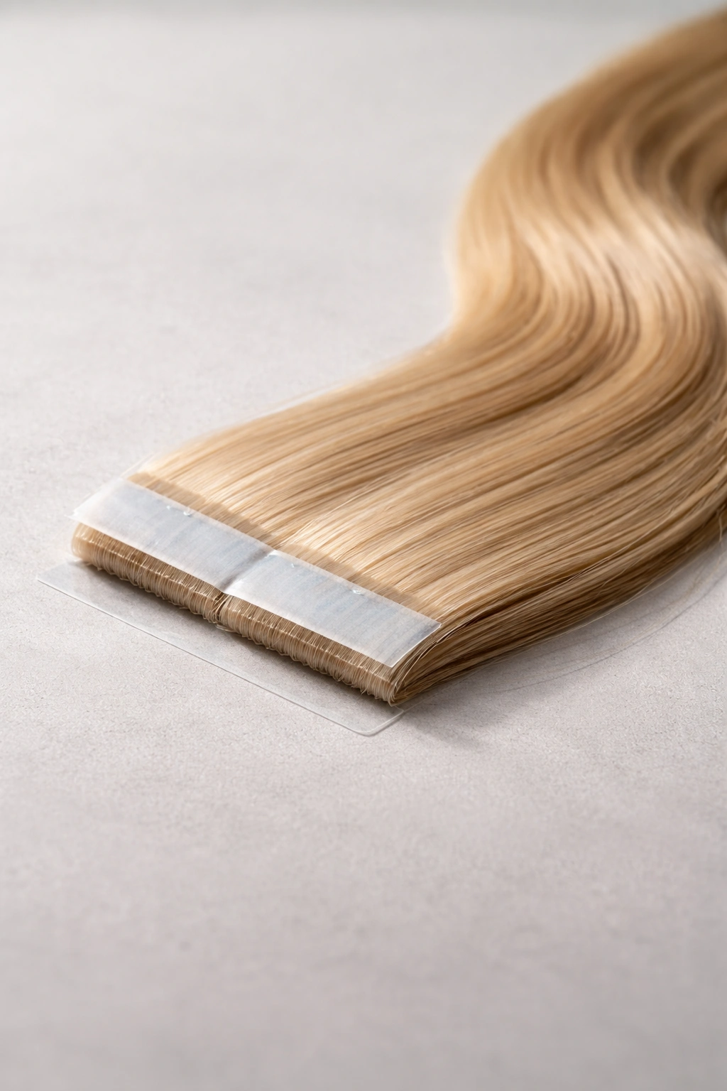 Close-up of a single tape-in hair extension weft with adhesive tape on a neutral surface