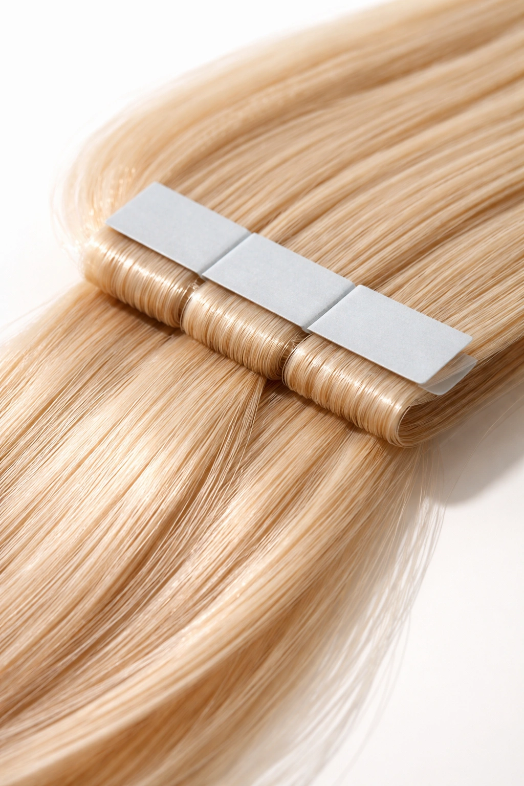 Close-up of flat tape-in extension wefts with hair sandwiched between them