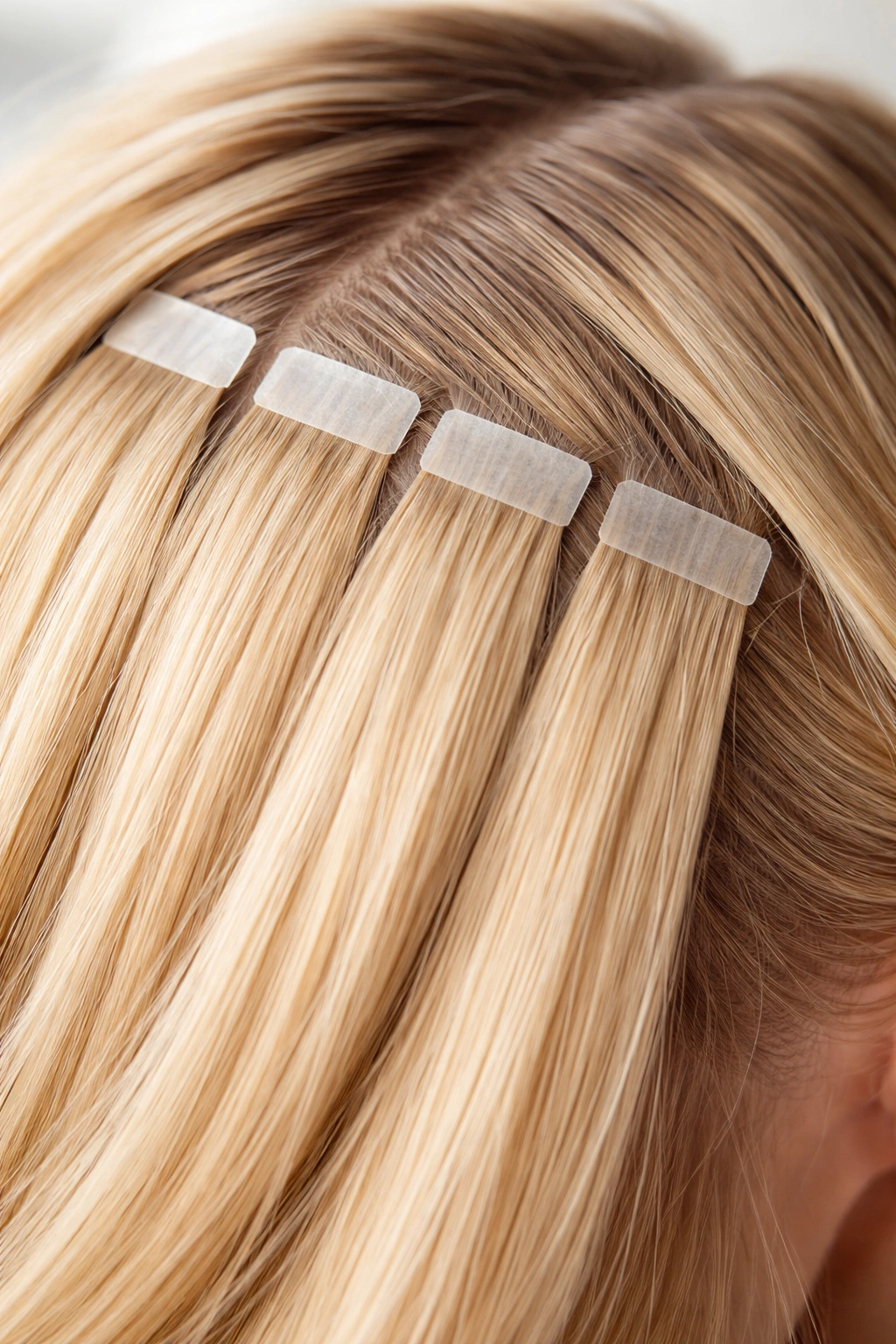 Close-up of tape-in extension bonds on the scalp