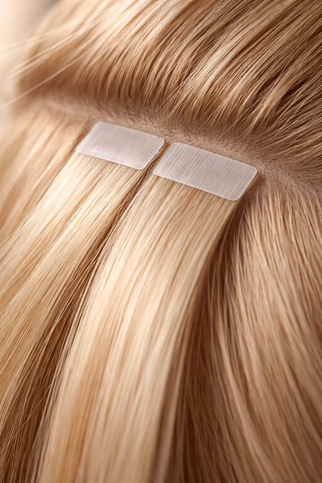 Tape-in extensions sandwiched between hair strands