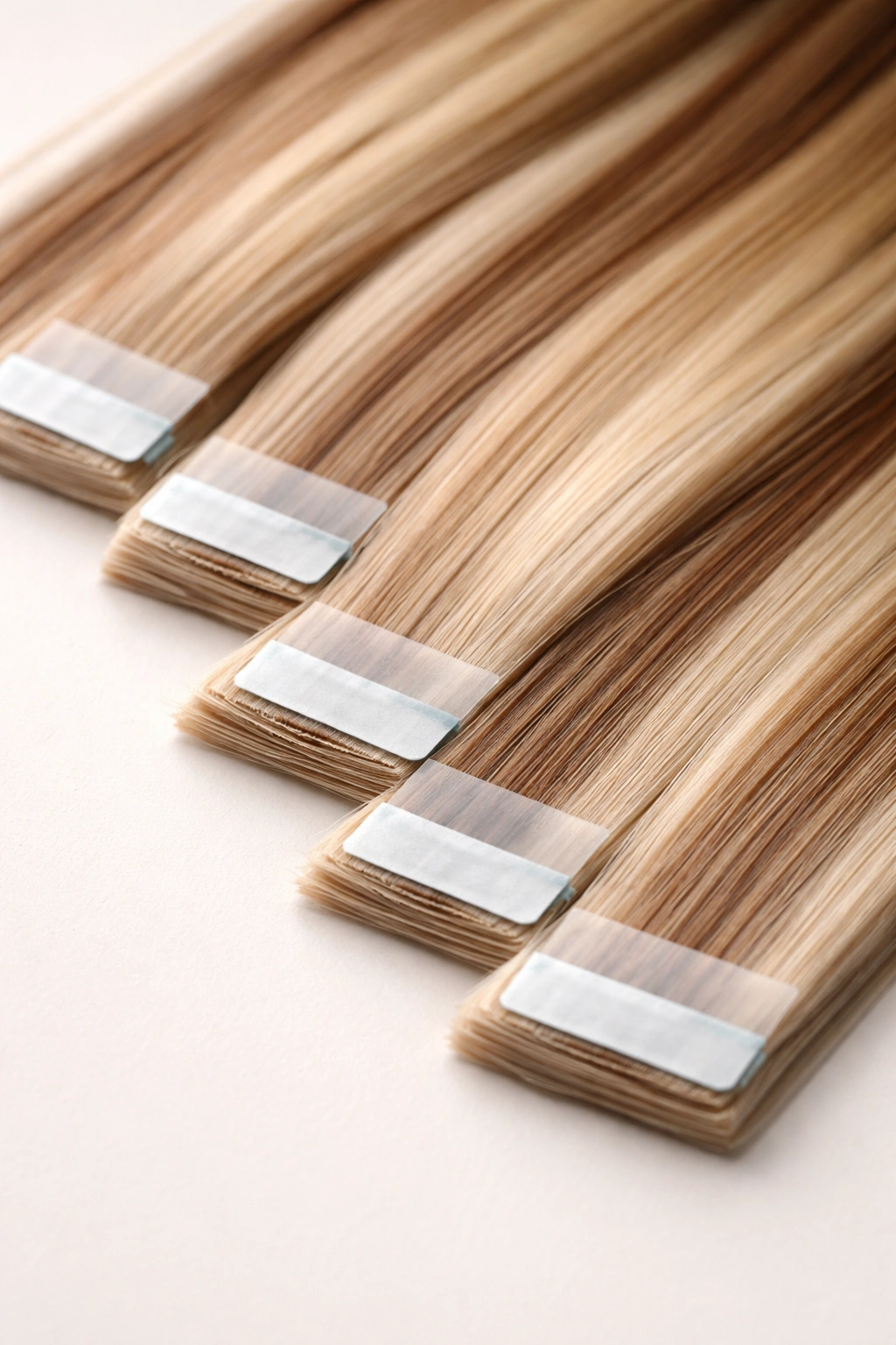 Close-up of tape-in hair extension wefts with flat adhesive tapes on plain background