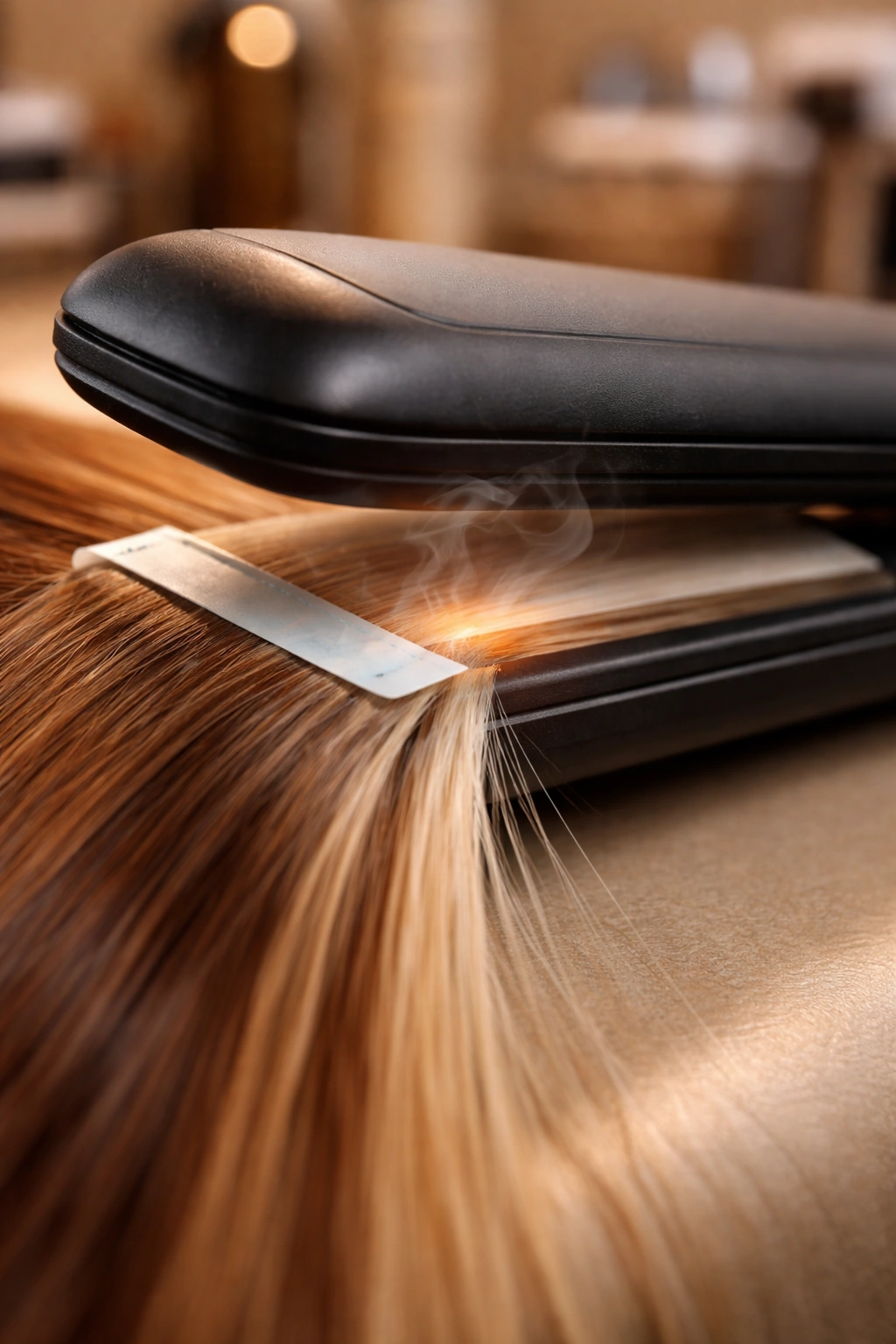 Close-up of a tape-in extension being sealed with gentle heat