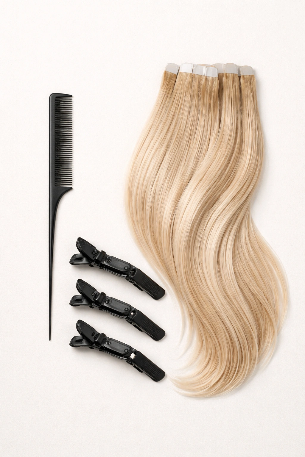Flat lay of tape-in extension, tail comb, and four sectioning clips