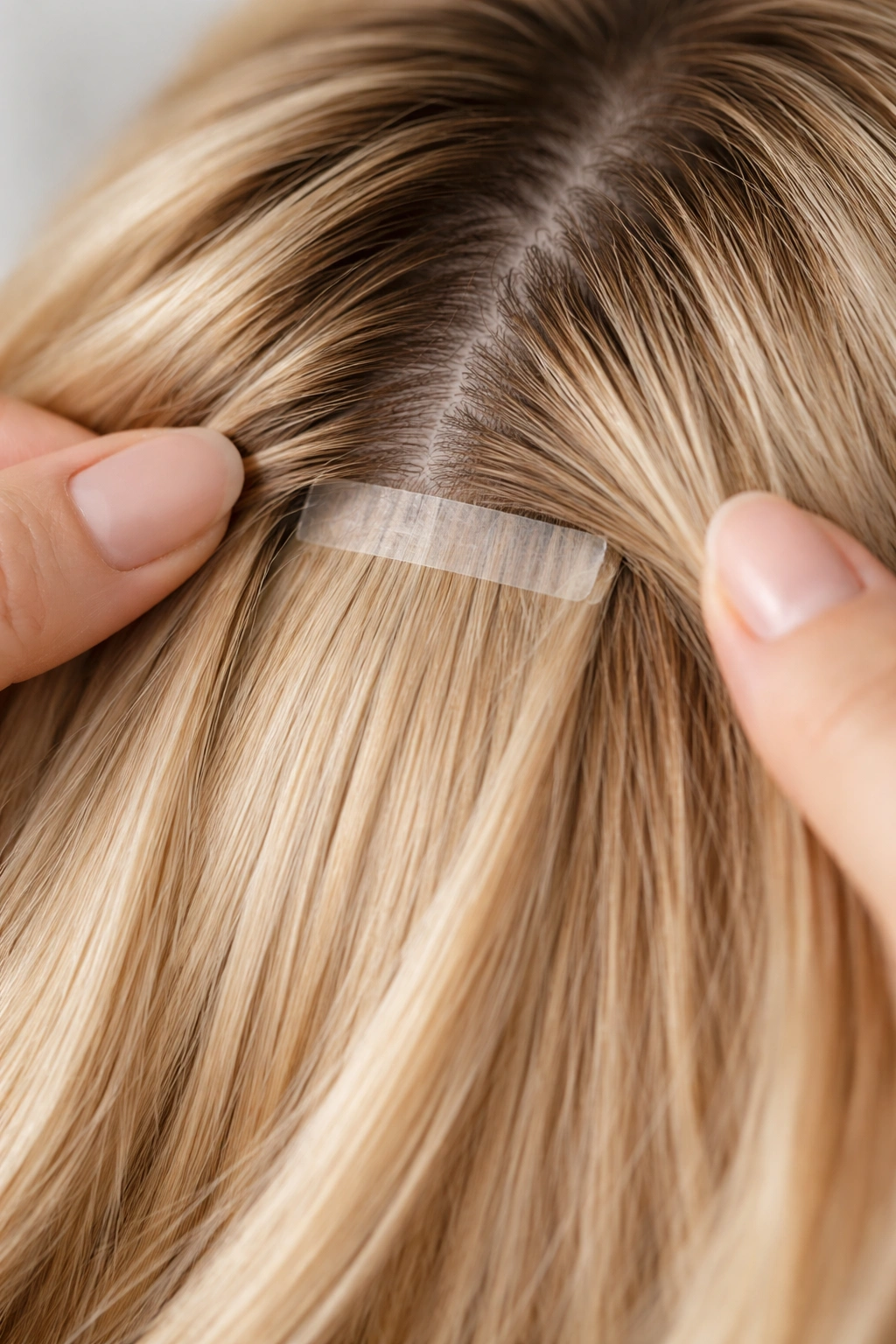 Close-up showing a tape seam peeking through hair after extension application