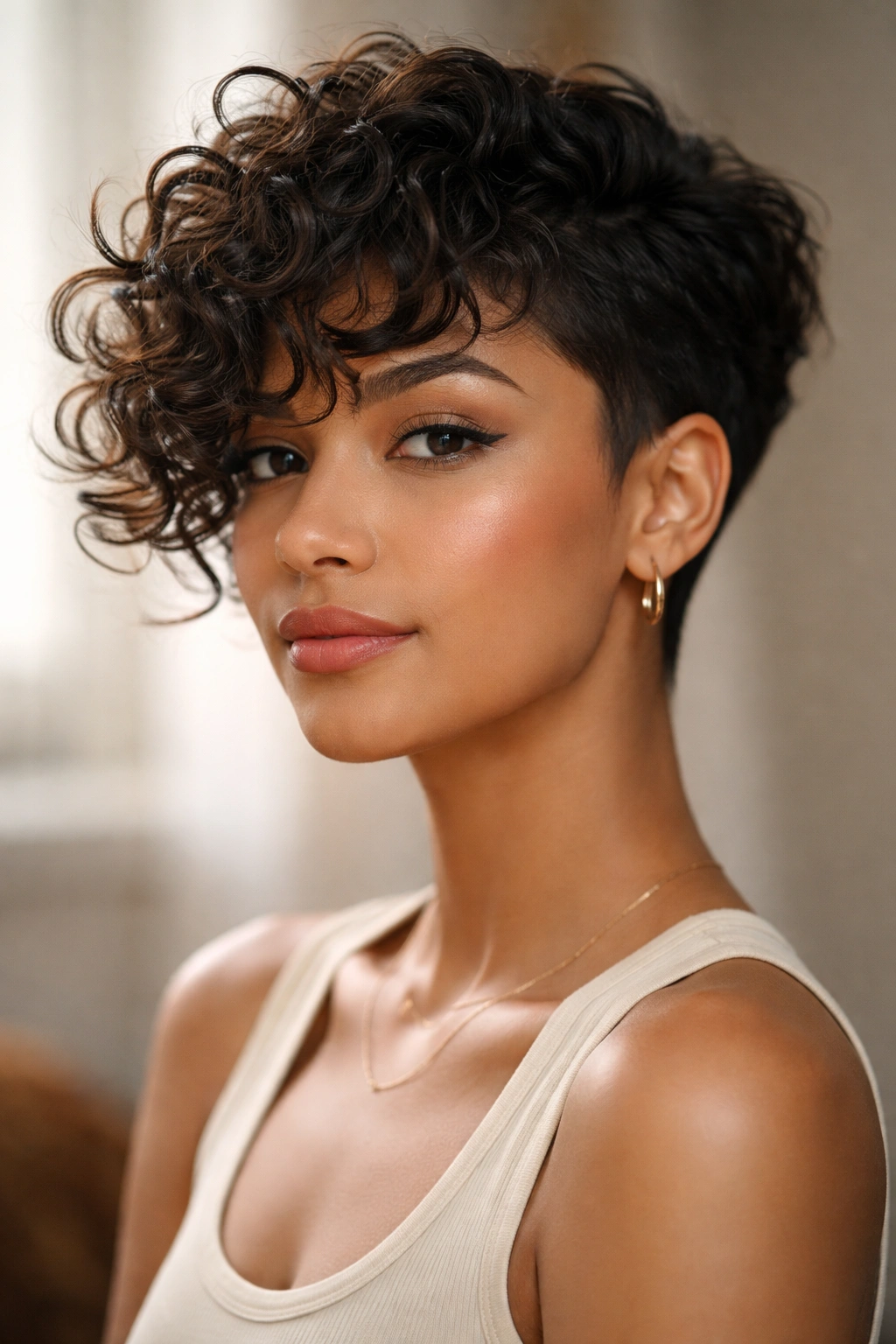 12 Short Haircuts With Curly Bangs You Ll Love 10 Tapered cut with flowing curly bangs