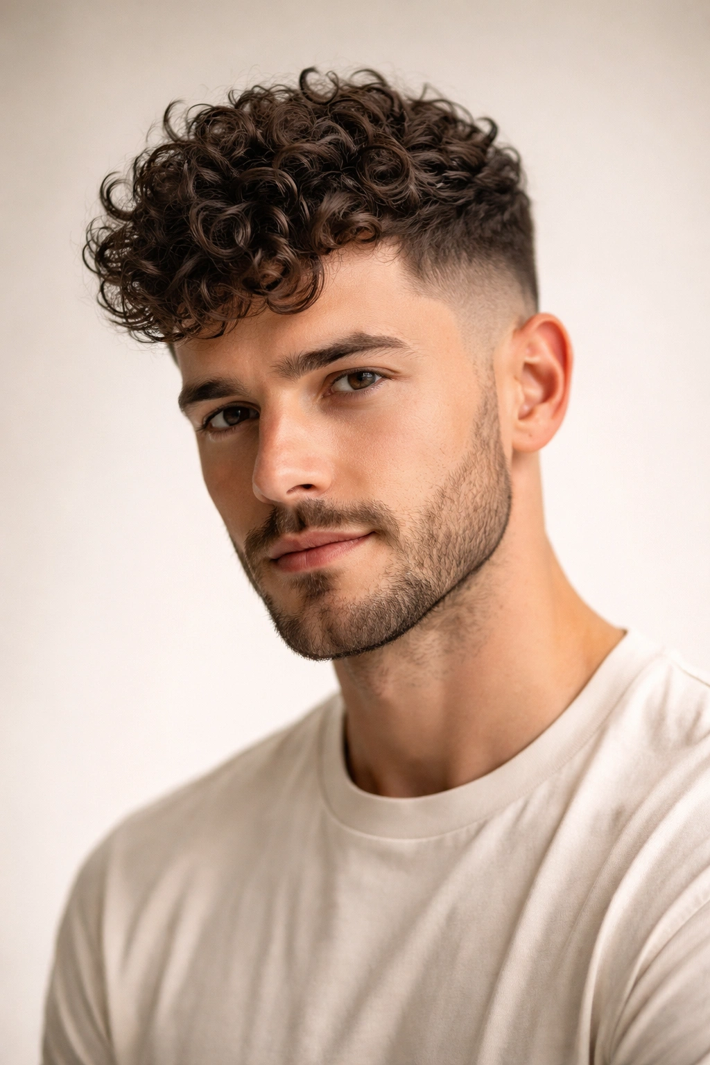 10 Curly Crop Haircuts For A Fresh Bold Look 7 Portrait of a man with a taper cut and longer curls on top