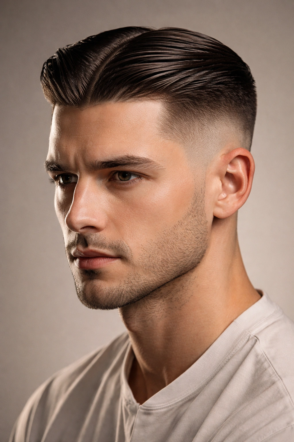 Close-up portrait of a man with taper fade and center-part hairstyle