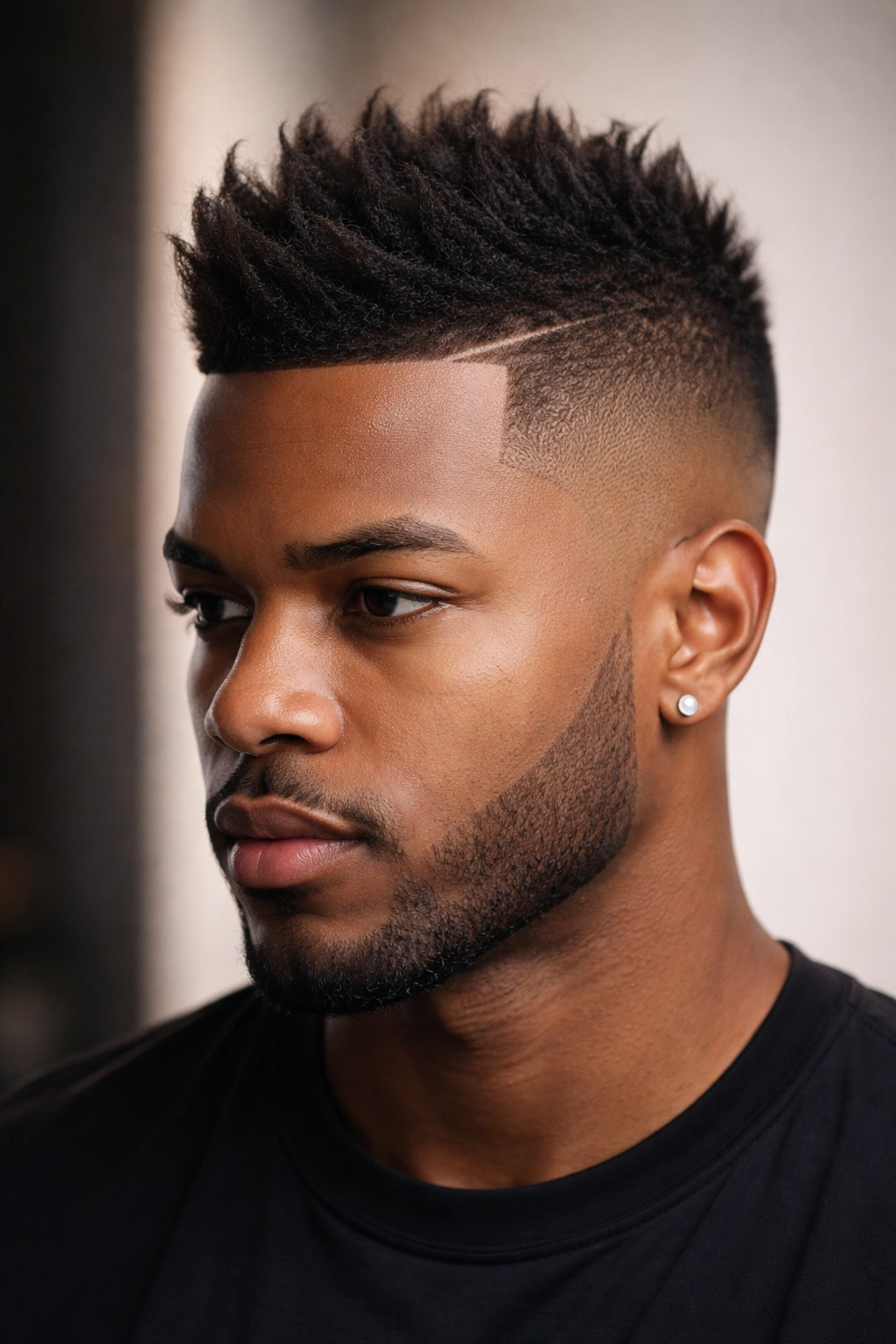 Close-up of taper fade with center strip styled upward