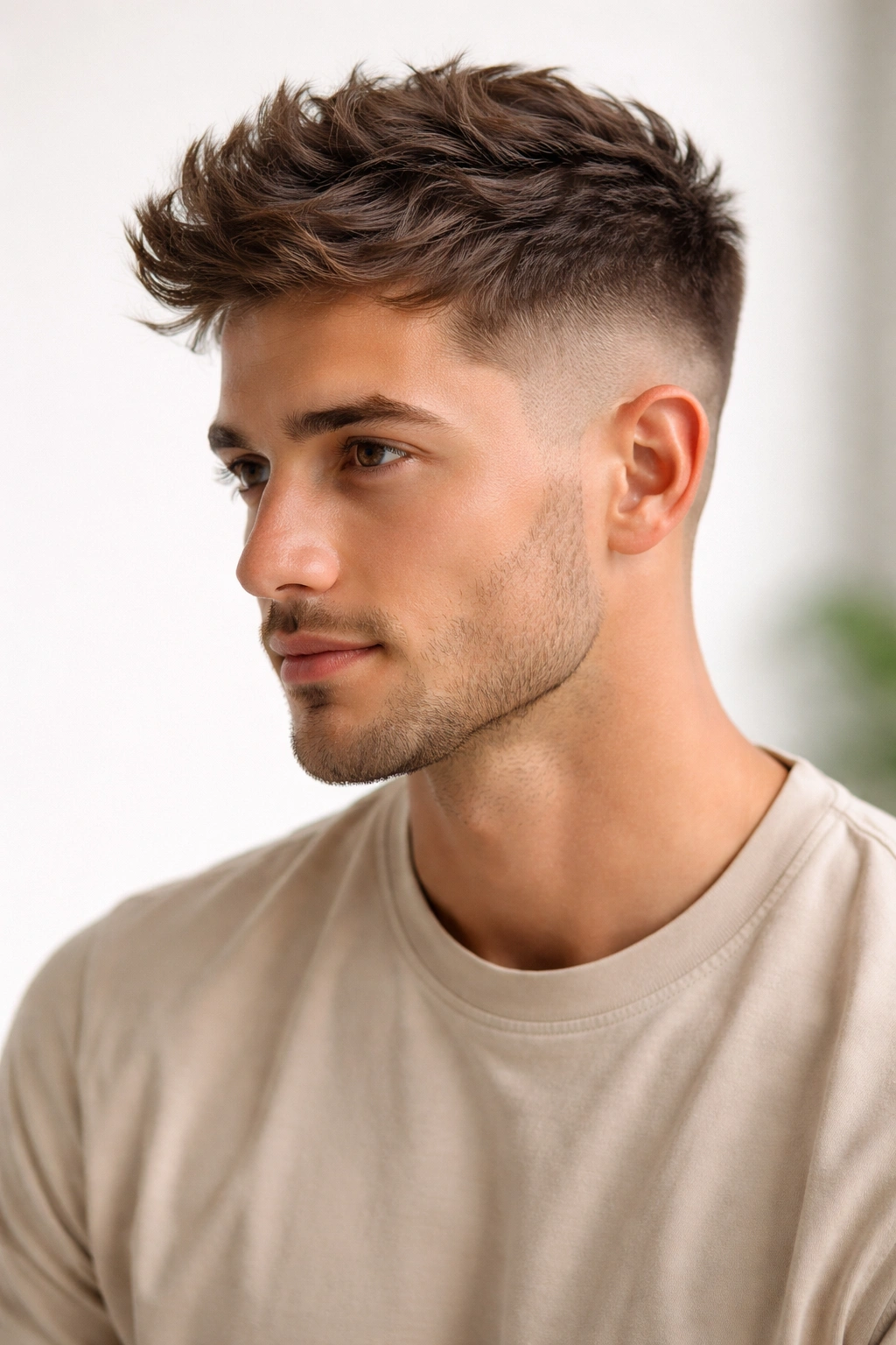 Taper fade hairstyle with textured crown shown in a simple studio setting
