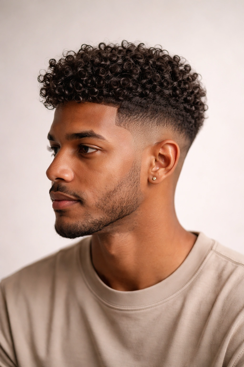 Close-up portrait of a person with a taper fade and curly top, showcasing defined curls