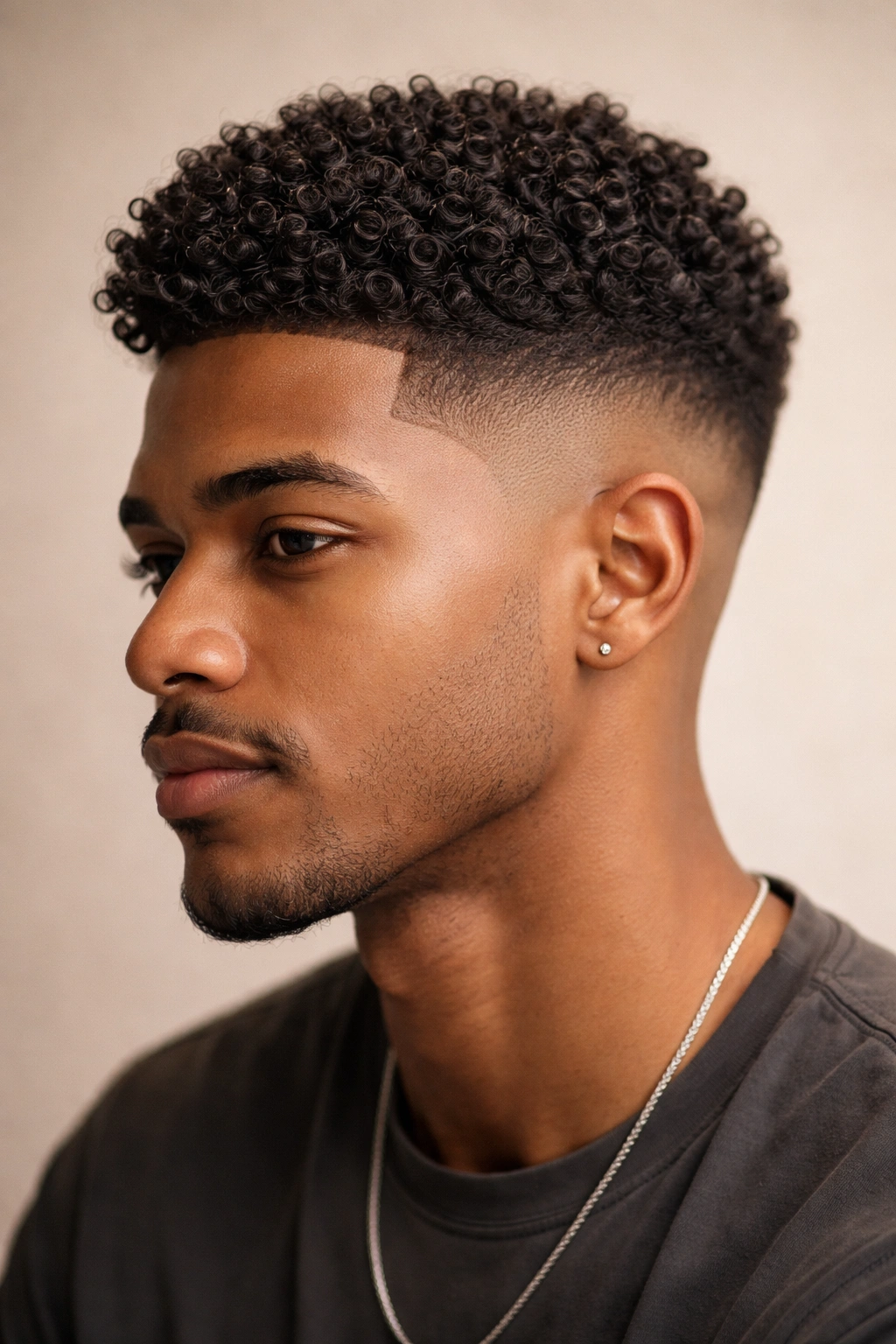 Taper fade with defined curls on top, close-up portrait