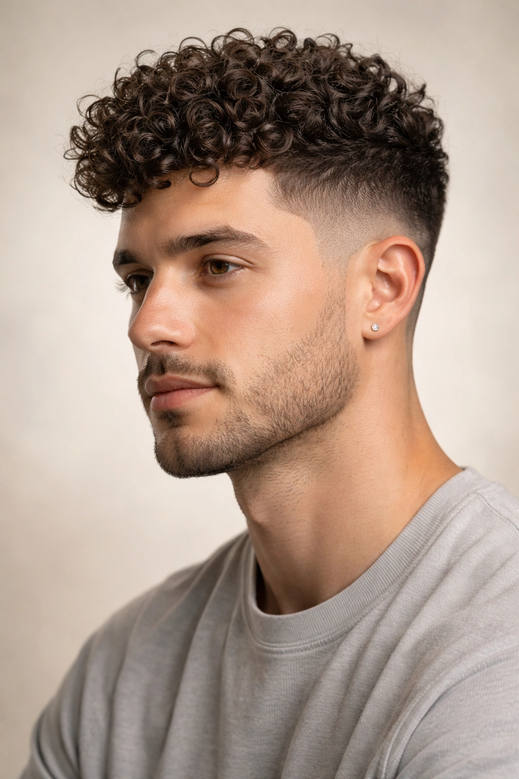 Portrait of a man with a mid-length top and gradual taper fade showing curl texture