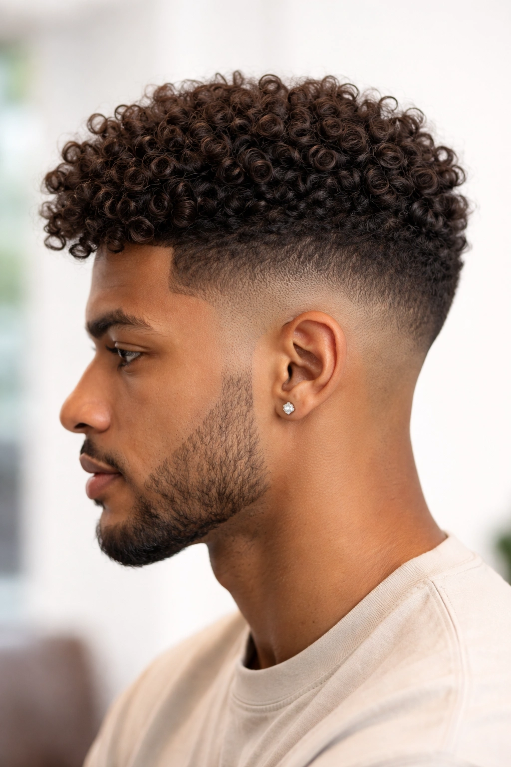 Side-profile showing taper fade with curly crown on top.