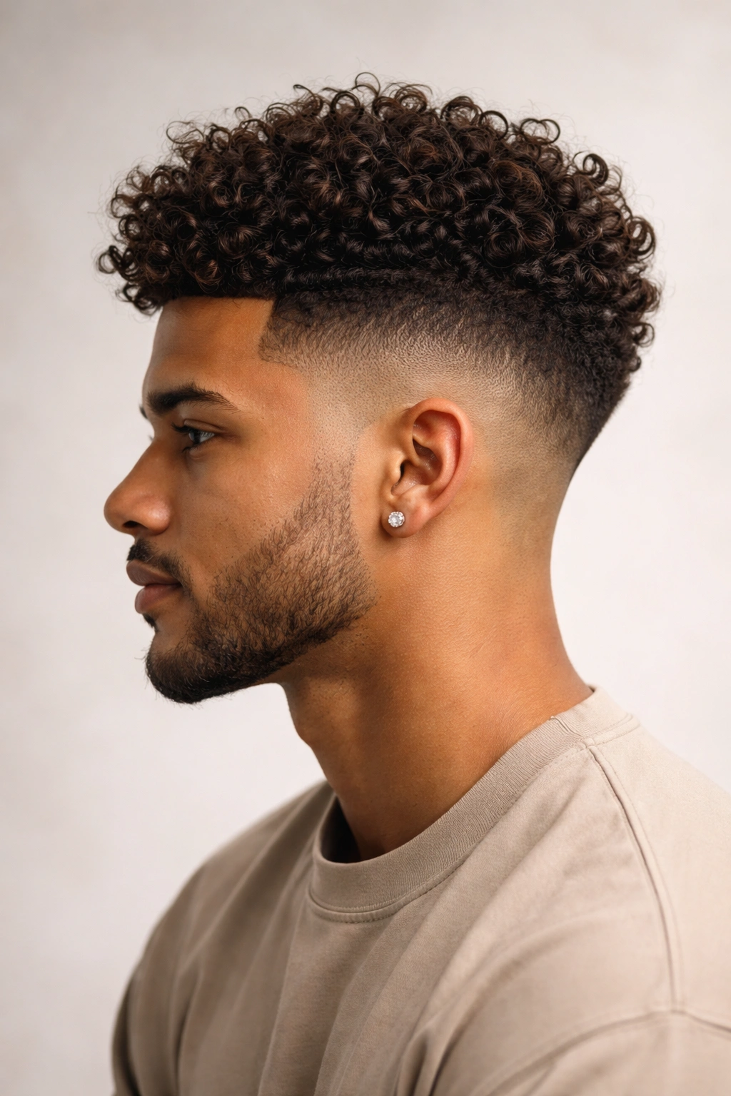 Side profile of a person with a taper fade and curly top