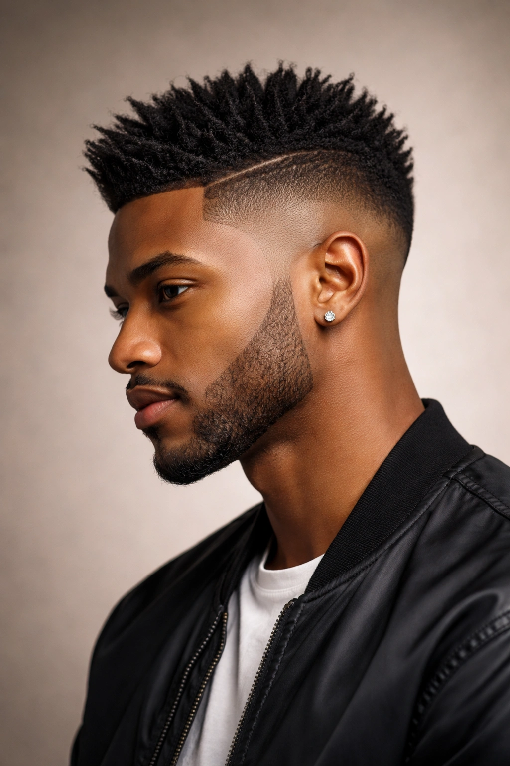 Portrait of man with taper fade and center faux hawk