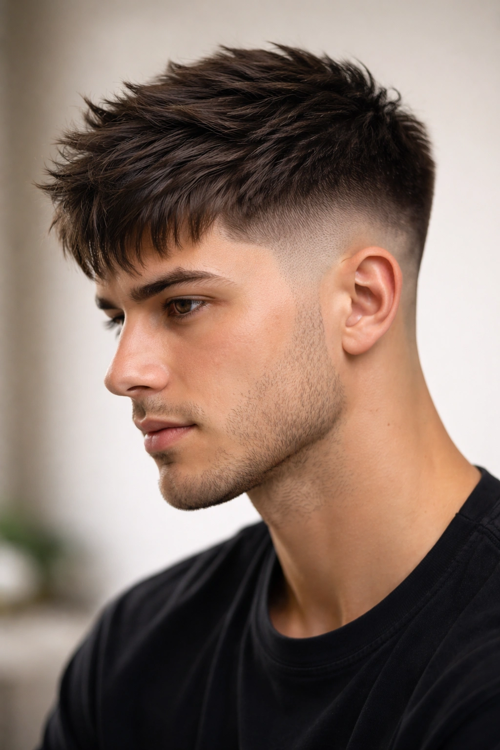 15 Slimming Short Hairstyles For Round Faces 13 Close-up of a taper fade with textured fringe on a male model, highlighting height and fringe texture
