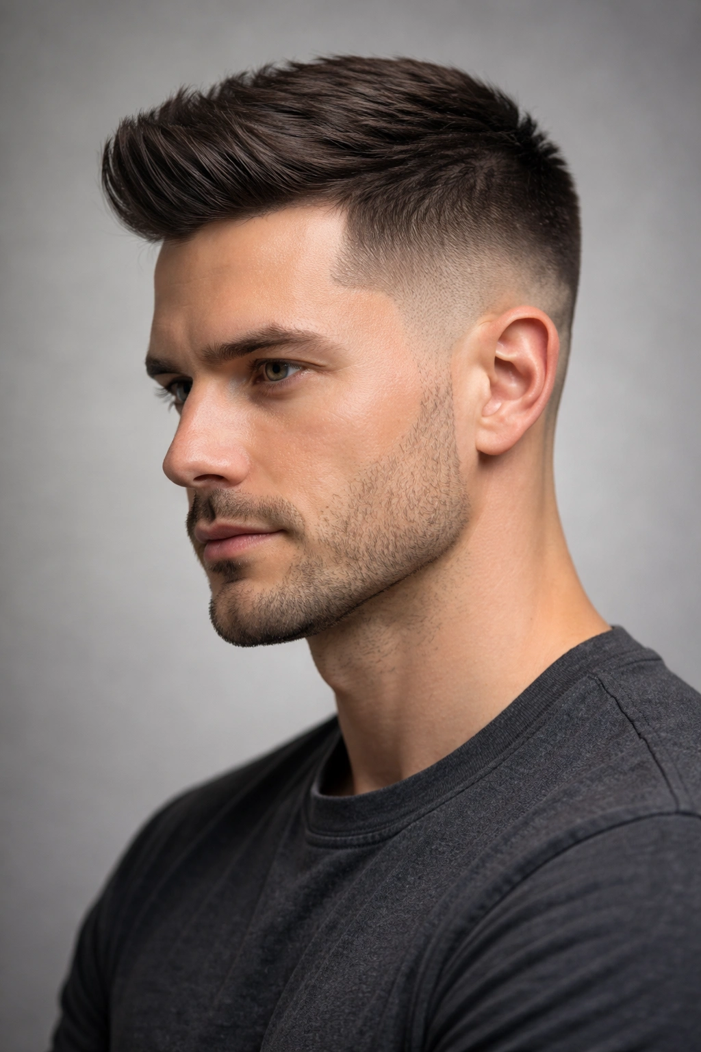 Close-up of a man with a taper fade showing a clean top-to-sides gradient.