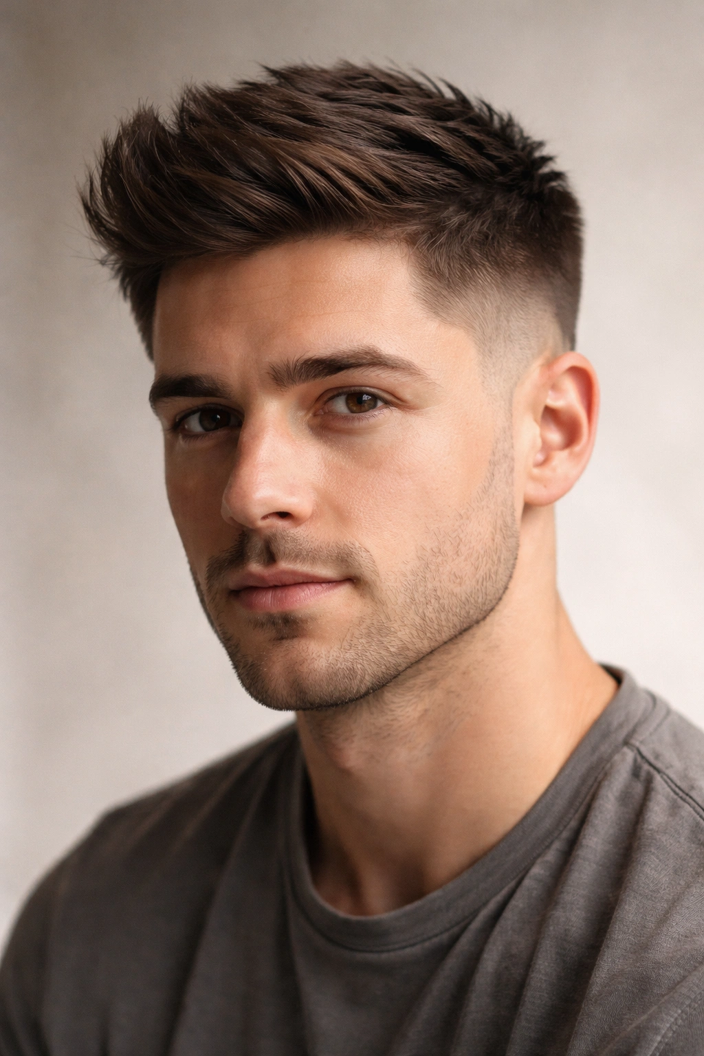 Close-up portrait of a taper fade hairstyle with longer top and tapered sides