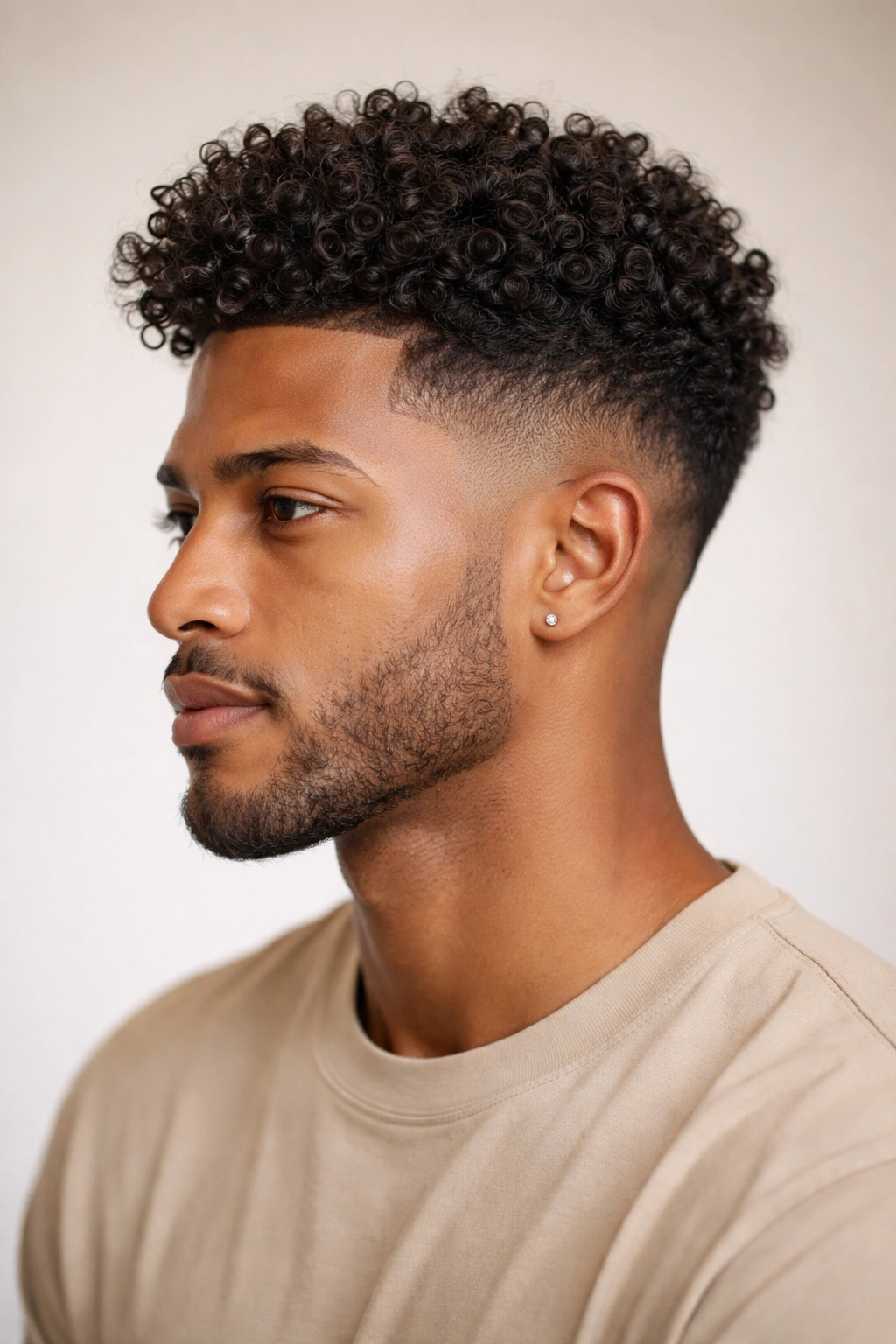 12 Haircuts For Men With Naturally Curly Hair 8 Portrait of a man with taper fade and longer top curls.