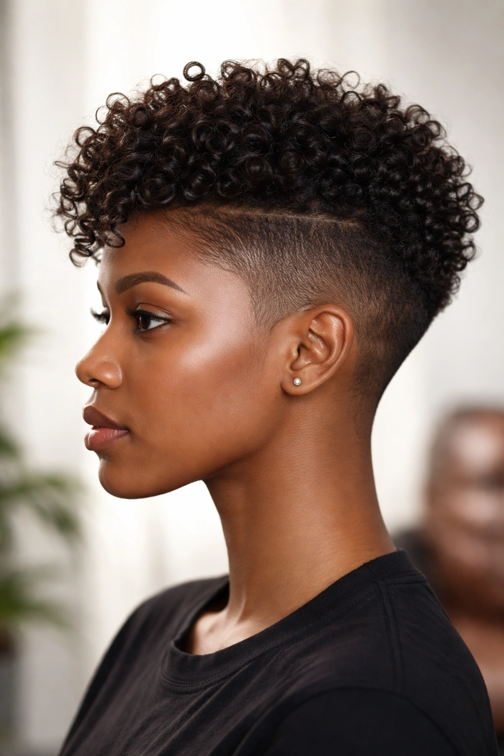 Profile view of a Black woman with taper fade and long curls on top