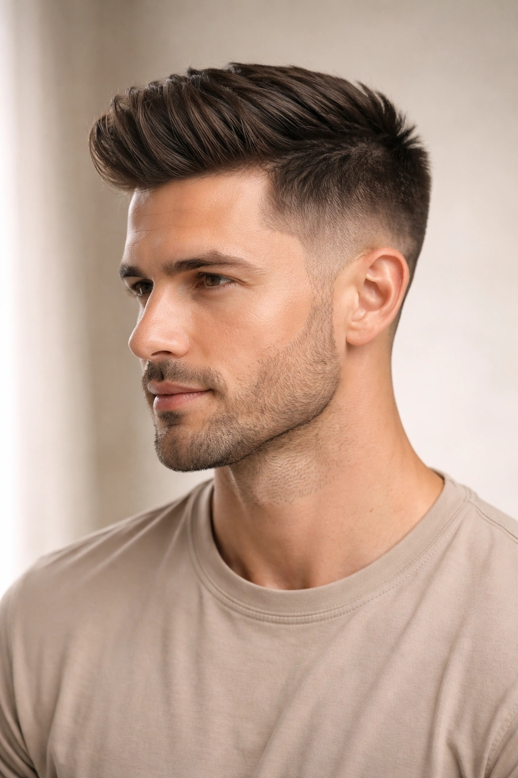 Portrait of a man with a taper fade and longer top