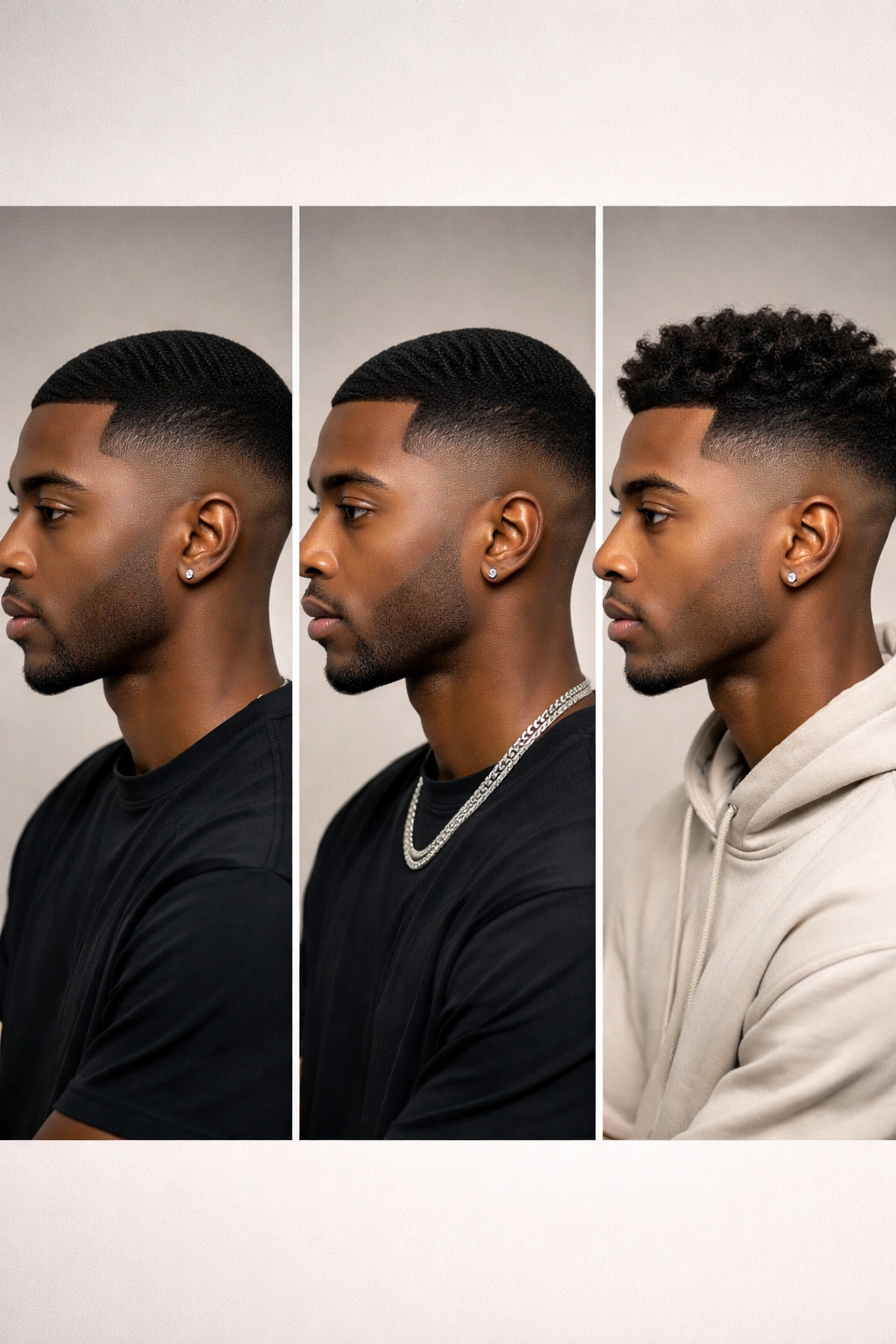 Triptych close-up of a Black man showing low fade, temple fade, and curl-on-top taper styles