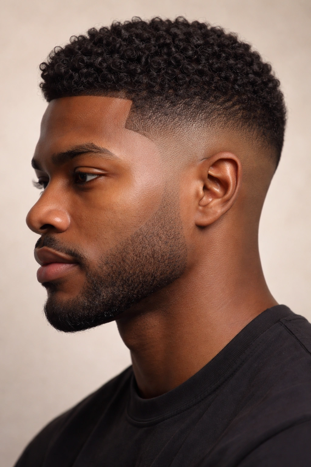 Close-up portrait of a Black man showing a low taper fade