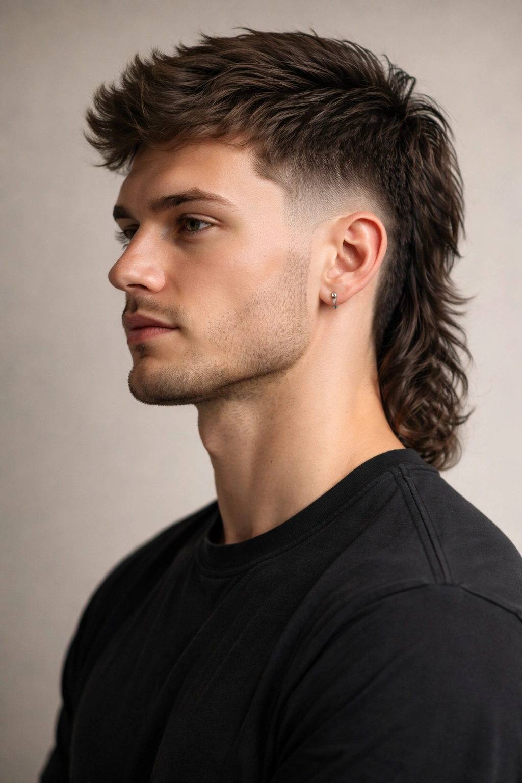 Close-up portrait of a person with a taper fade mullet in a neutral studio setting