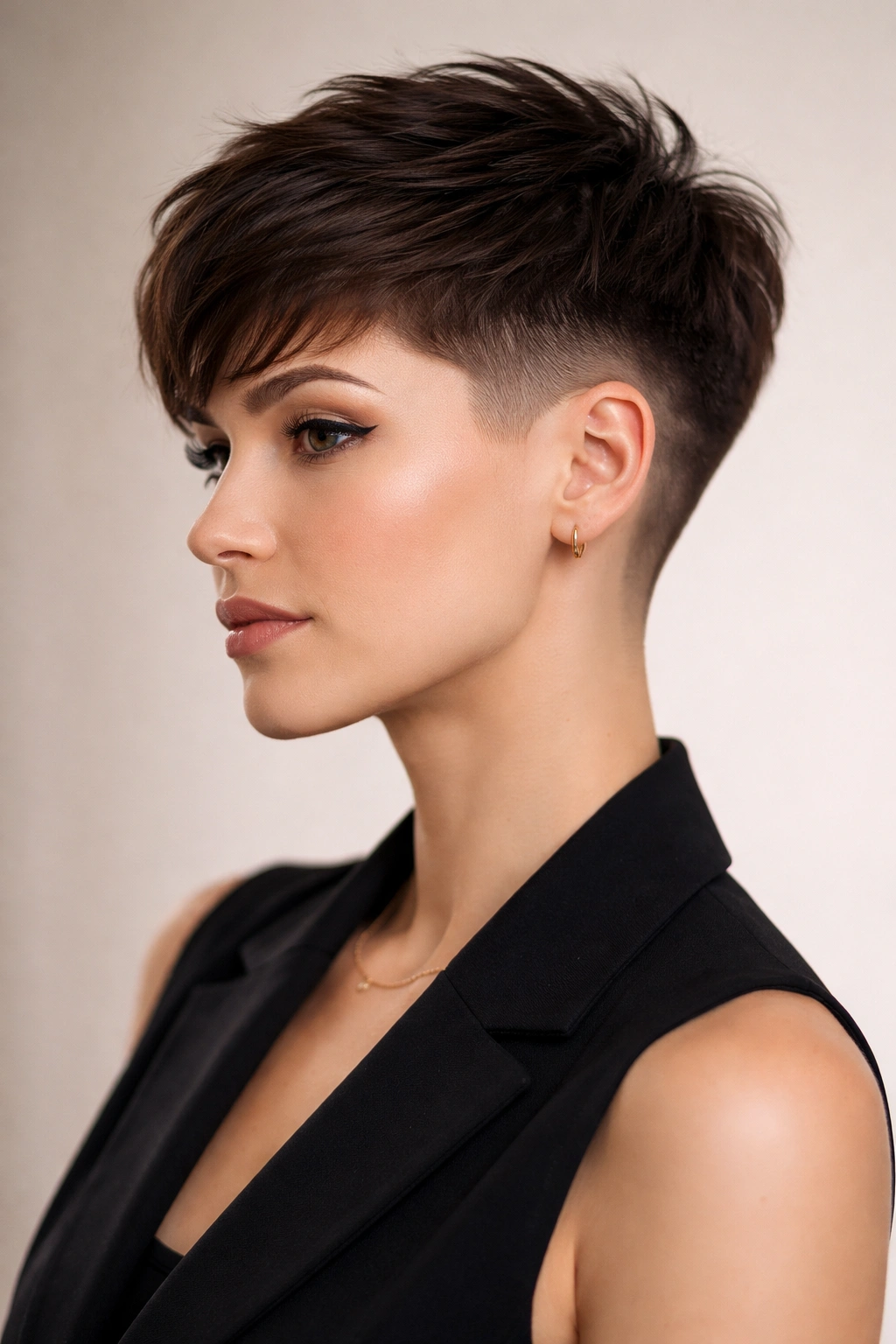 Portrait focusing on taper fade pixie with smooth blend from top to nape.