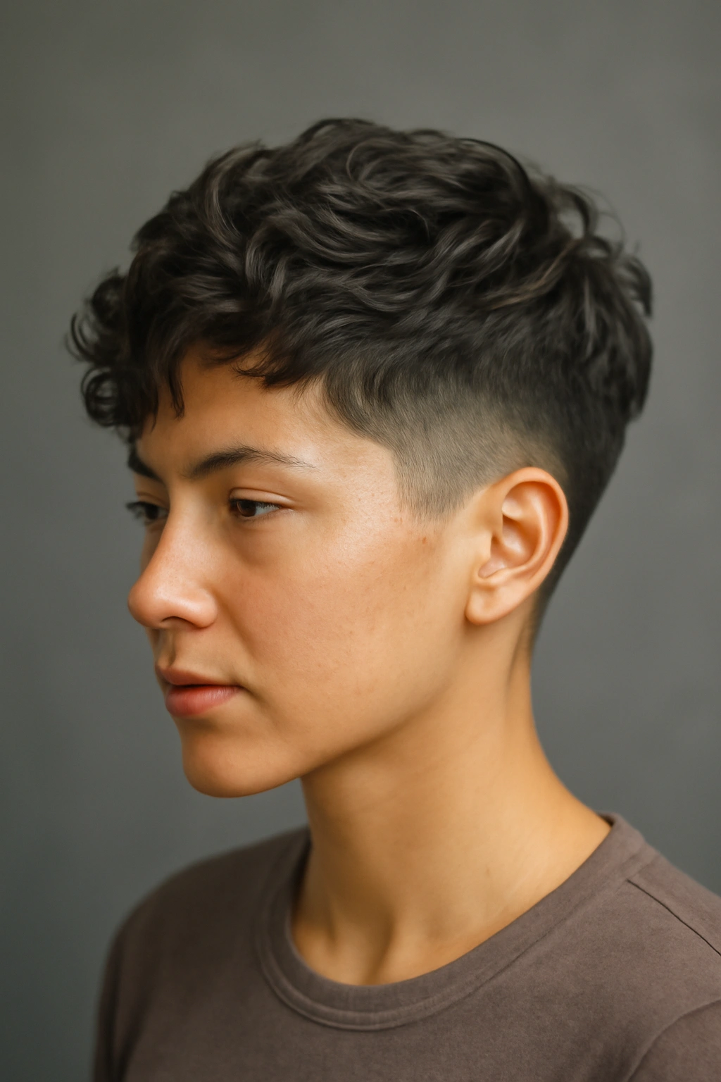 12 Wavy Pixie Styles Perfect for Wash and Go 7 Close-up portrait of a taper fade wavy pixie with textured top