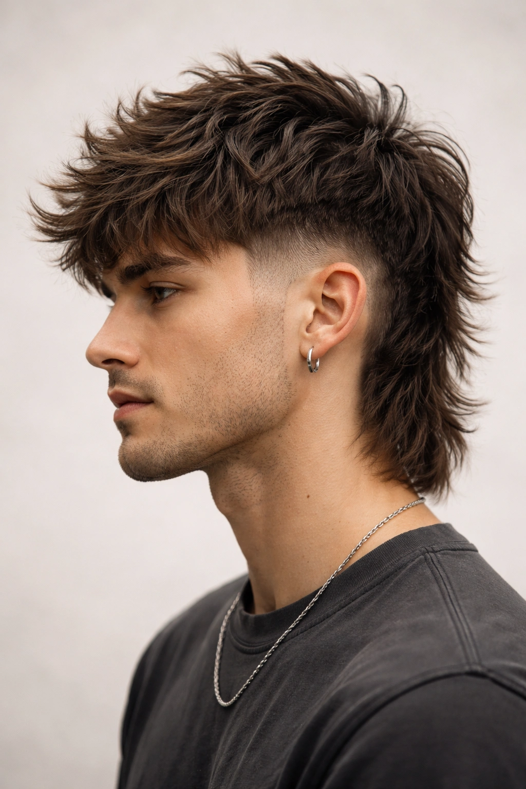 Taper fade shag hairstyle with textured top and tapered sides