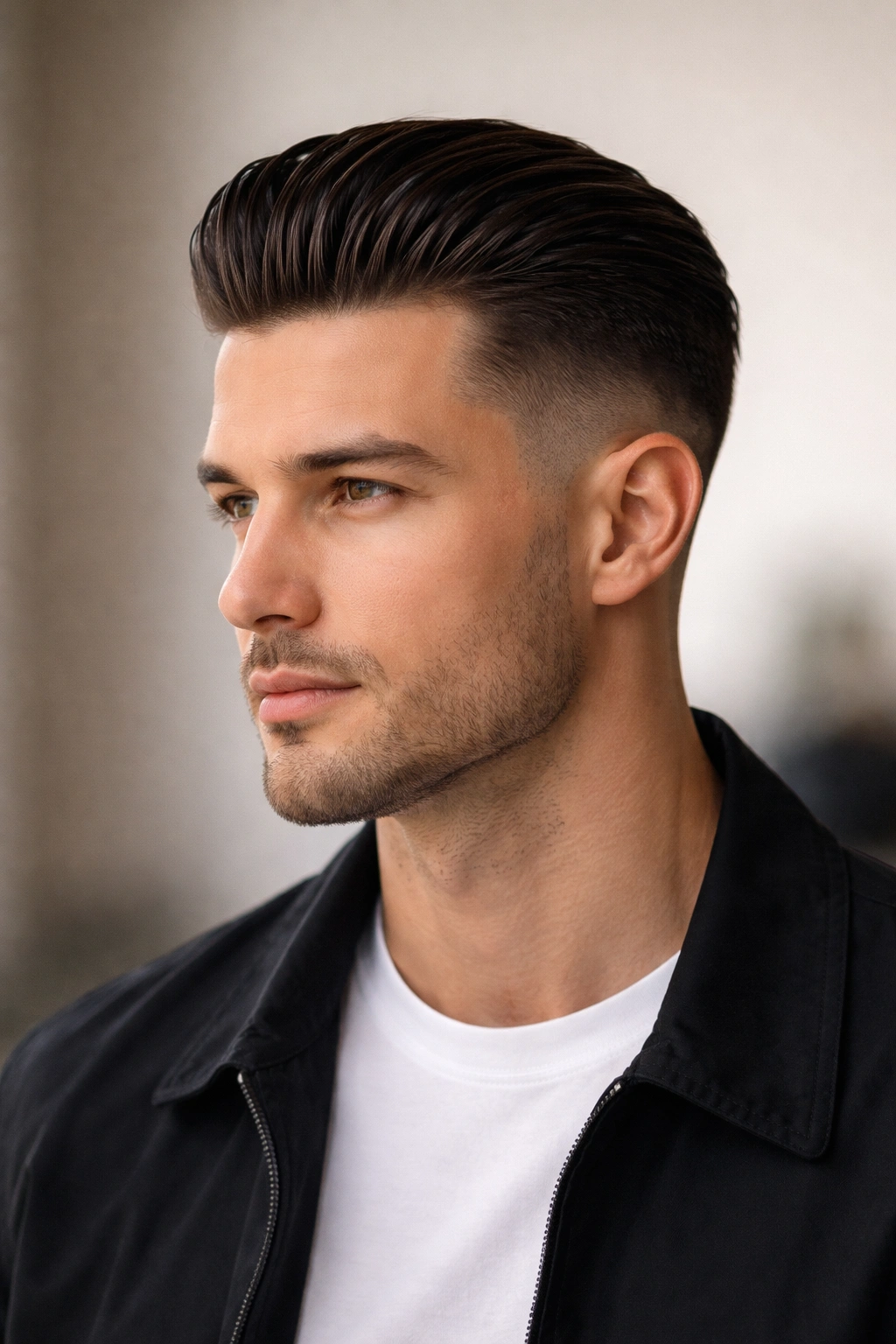 Portrait of a man with a taper fade and slick back hairstyle.