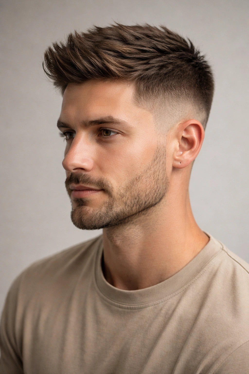 15 Short Haircuts That Balance Out A Longer Face 7 Close-up portrait of a man with textured taper fade showing crown width