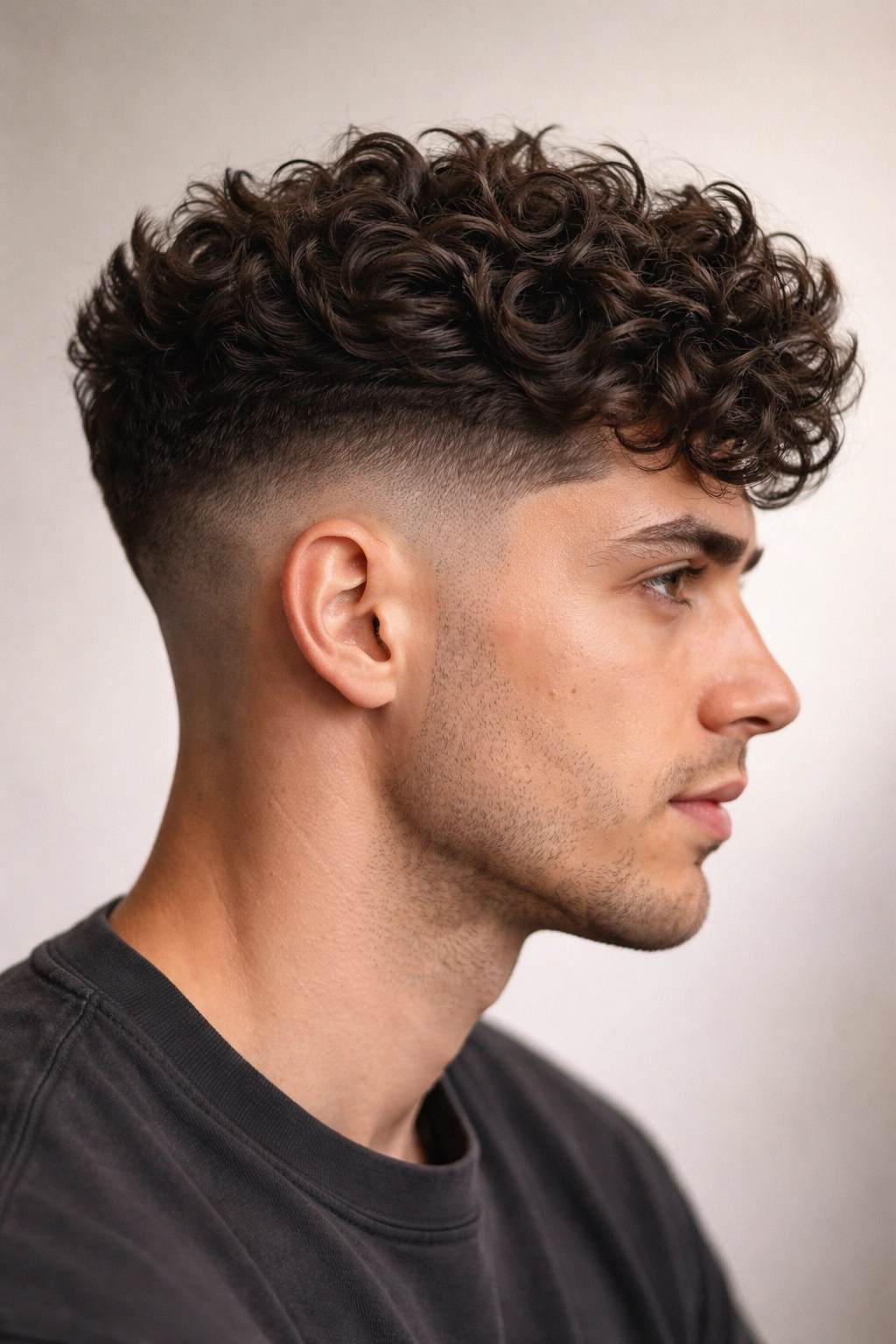 20 Short Curly Haircuts To Try Today 19 Close-up of a haircut featuring a taper fade and a textured crown on curly hair