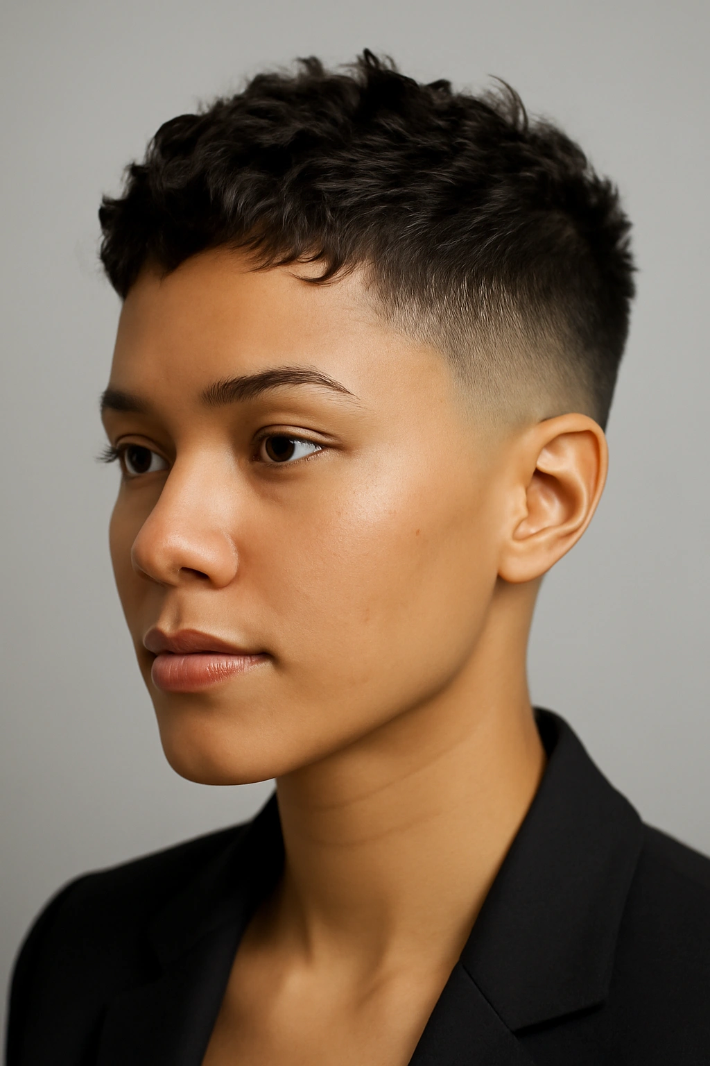 12 Polished Short Hairstyles for Women’s Job Interviews 8 Head-and-shoulders portrait showing a taper fade and textured top waves.