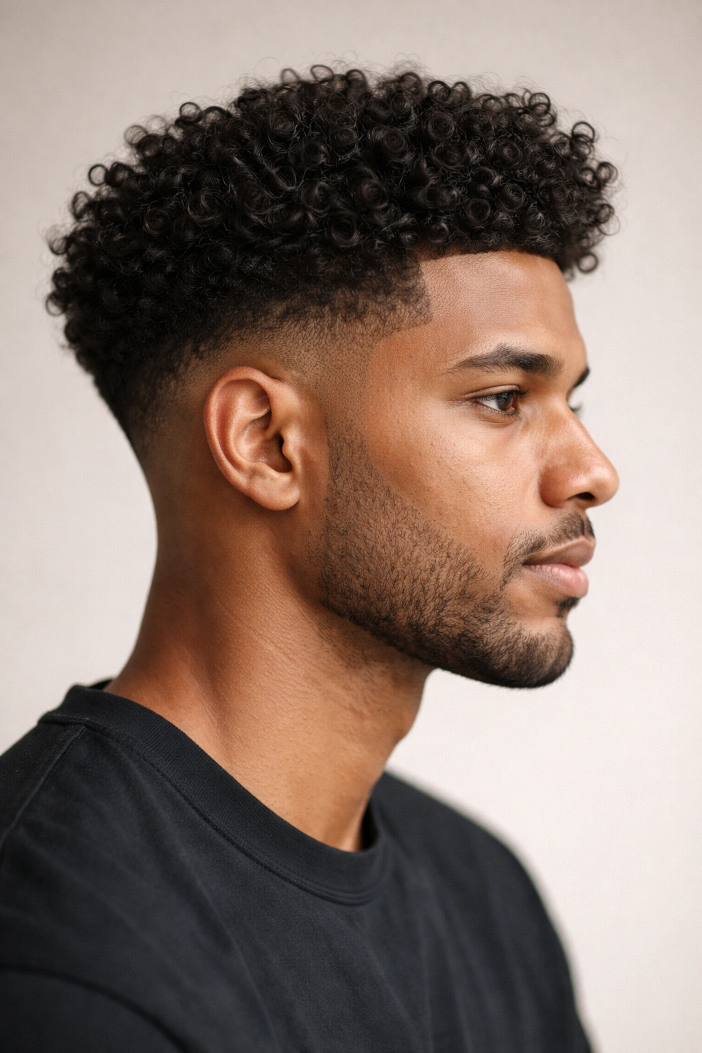Side profile of thick curly hair with taper fade showing defined curls and clean taper.