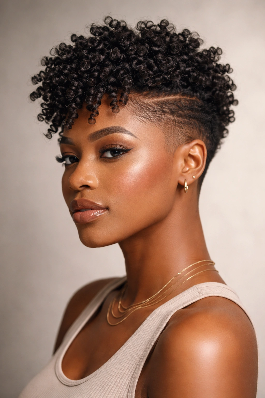 Portrait of a Black woman with a taper fade and twist-out curls on top.