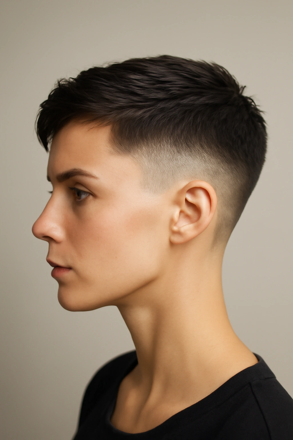 Side profile of a woman showing a tapered fade with longer top