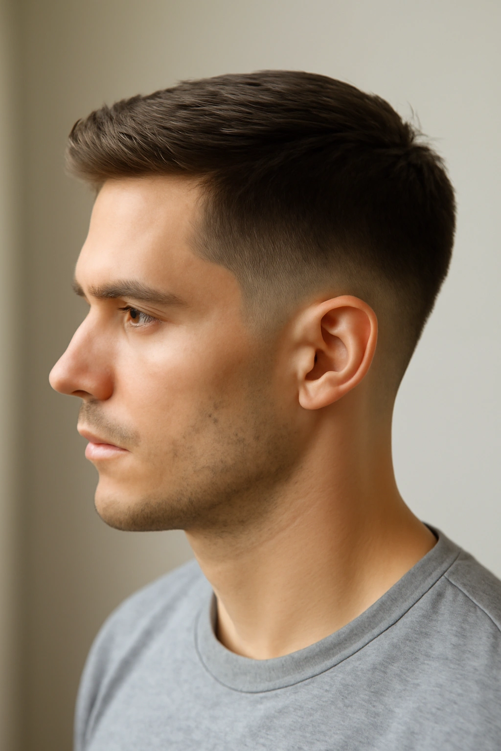 15 Sharp Short Haircuts Every Man Should Try 9 Portrait of a man with a gentle taper on the sides and 1-2 inches on top, neat and professional.